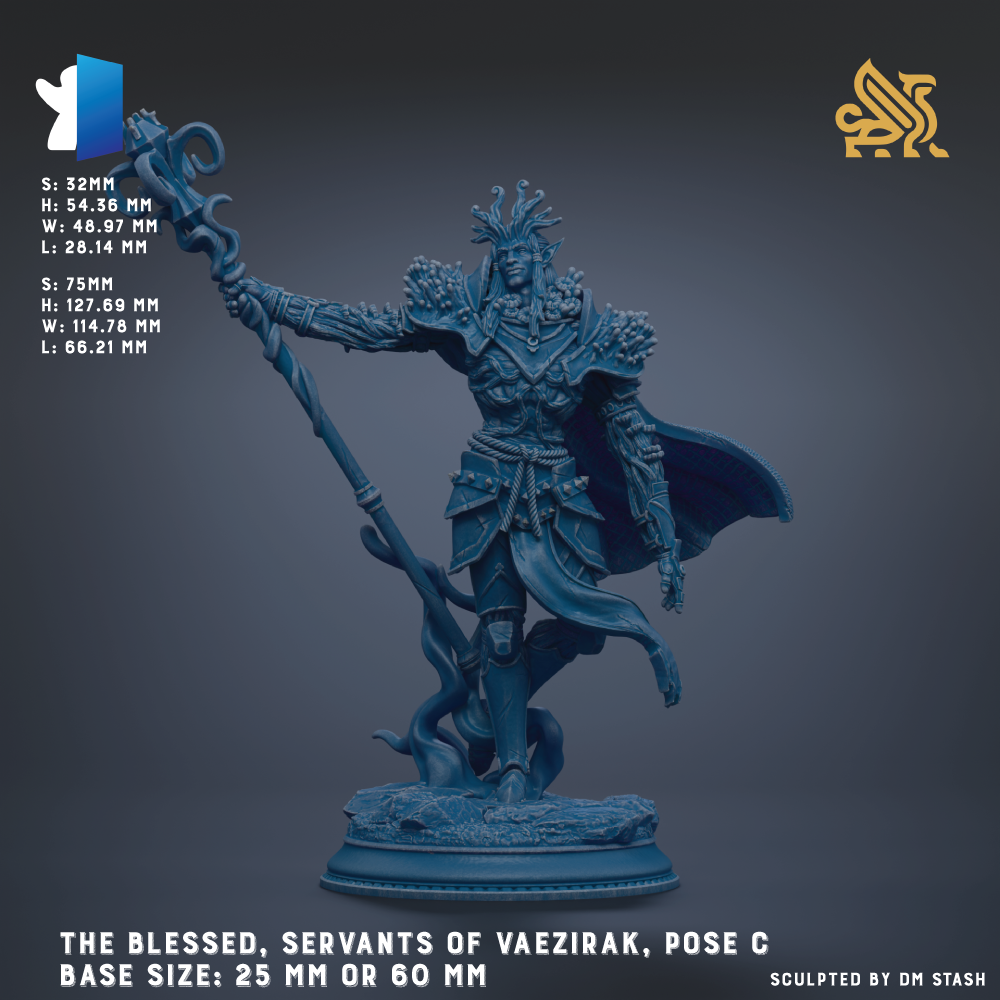 a statue of a figure with a staff, standing on a base. The statue is described as "The Blessed, Servants of Vaeizirk, Pose C" and is either 25 mm or 60 mm in size. The image is a collage of multiple images, and the phrase "The image depicts" is not used.