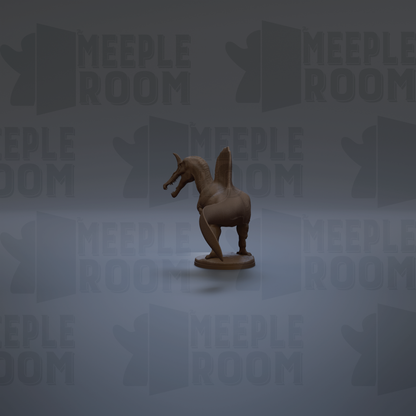 a brown statue of a horse, with the text "MEIPLE ROOM" repeated in the background.