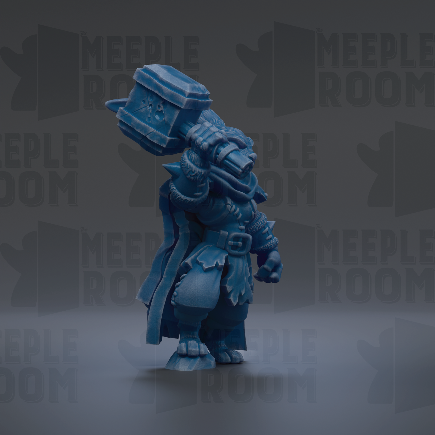 A blue, armored figure stands in the center of the image against a dark background with repeated text.