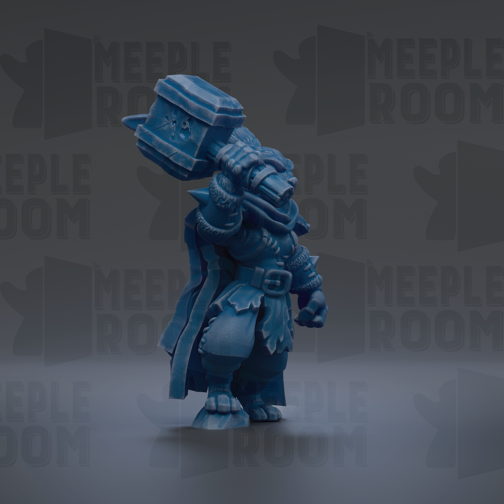 A blue, armored figure stands in the center of the image against a dark background with repeated text.