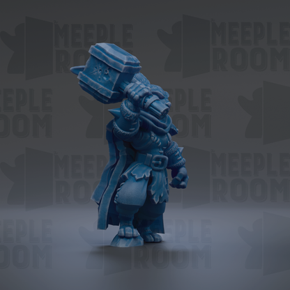 A blue, armored figure stands in the center of the image against a dark background with repeated text.