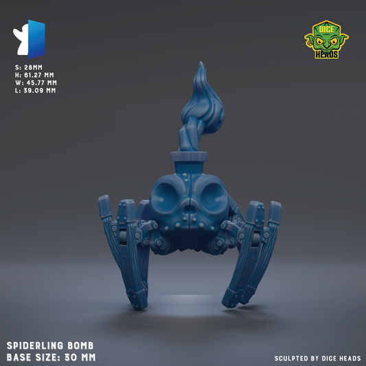 a blue, spider-like figurine with a flame-like headpiece, sitting on a gray surface.