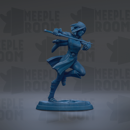 A blue figurine of a person in a dynamic pose, holding a sword and standing on a platform.