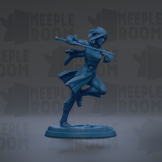 A blue figurine of a person in a dynamic pose, holding a sword and standing on a platform.