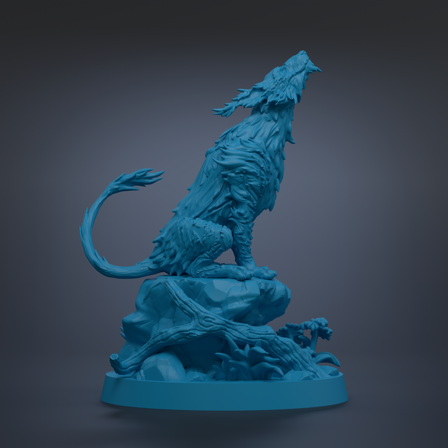 A 3D rendering of a blue, fantastical creature resembling a wolf or wolf-like animal, sitting on a rock and appearing to howl.