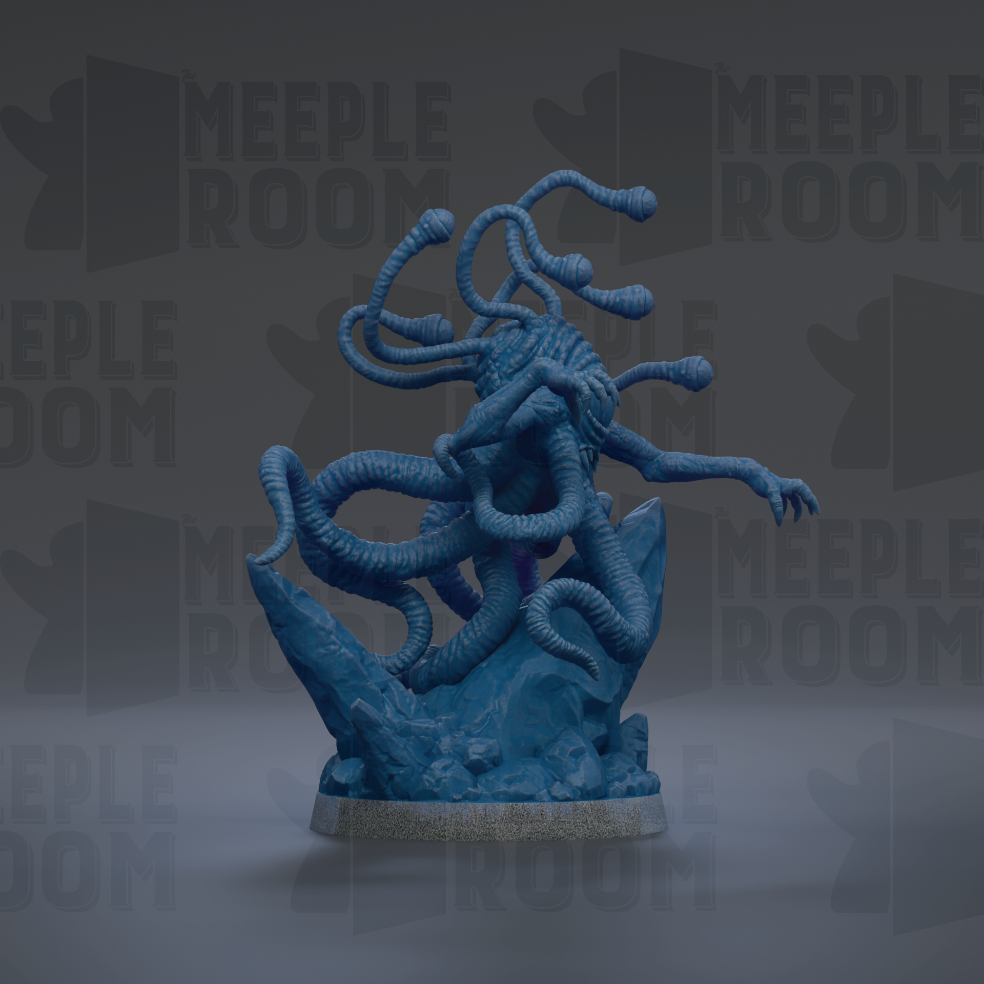 A 3D rendering of a blue, abstract, organic-looking creature with multiple tentacles, standing on a rock formation.