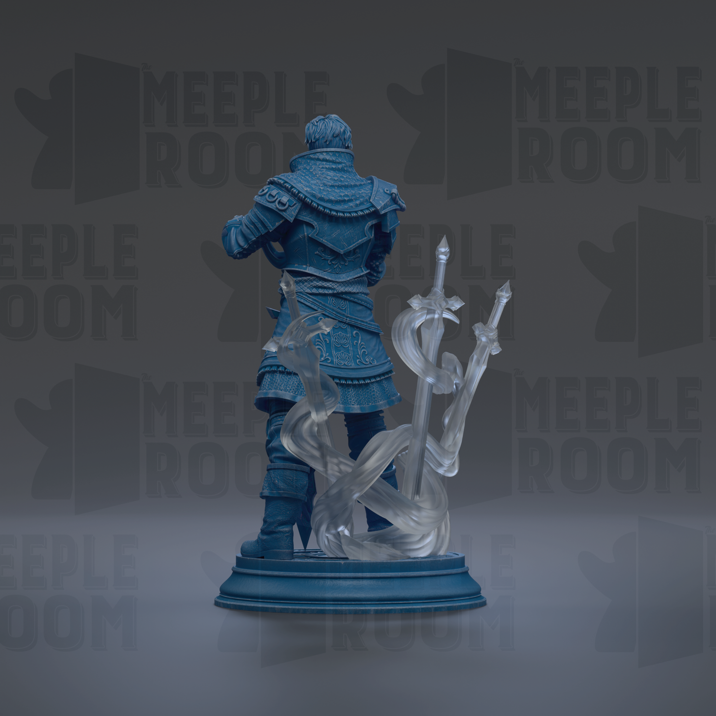A blue statue of a knight with a sword in his hand, standing on a pedestal.