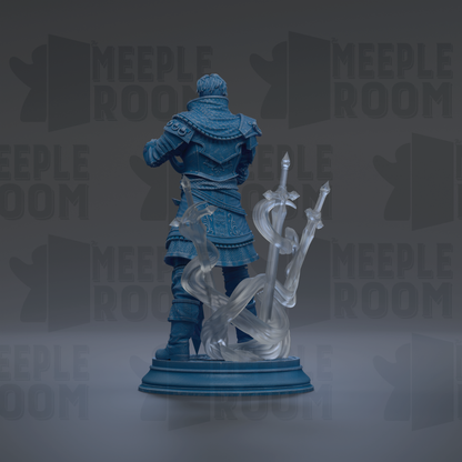 A blue statue of a knight with a sword in his hand, standing on a pedestal.