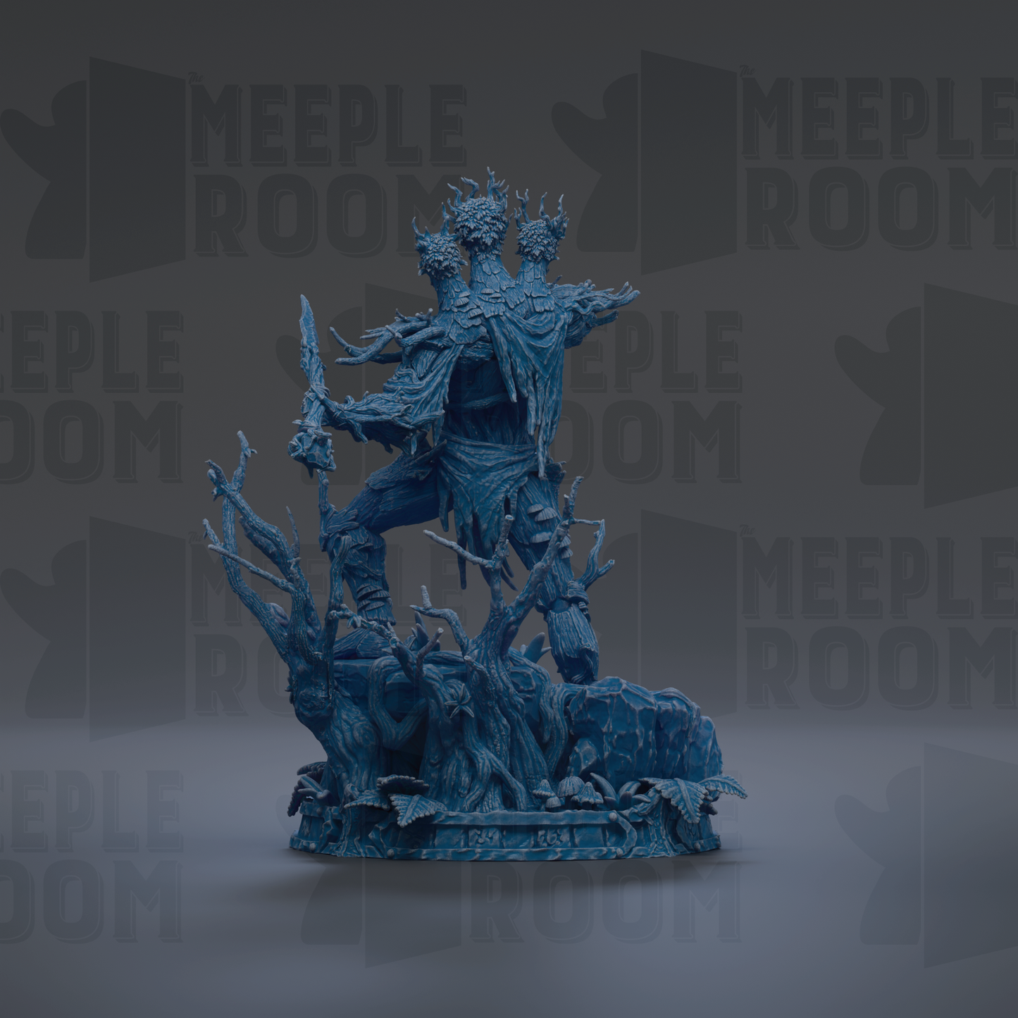 A blue, 3D-rendered statue of a fantastical creature with multiple arms and a flowing, draped body, standing on a rock formation.