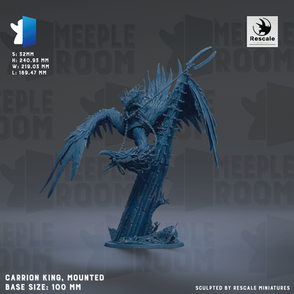 The image is a 3D model of a mounted dragon-like creature, specifically a Carron King, with wings and a chain around its neck. The base size of the model is 100 millimeters. The image is a sculpture by Rescue Miniatures.