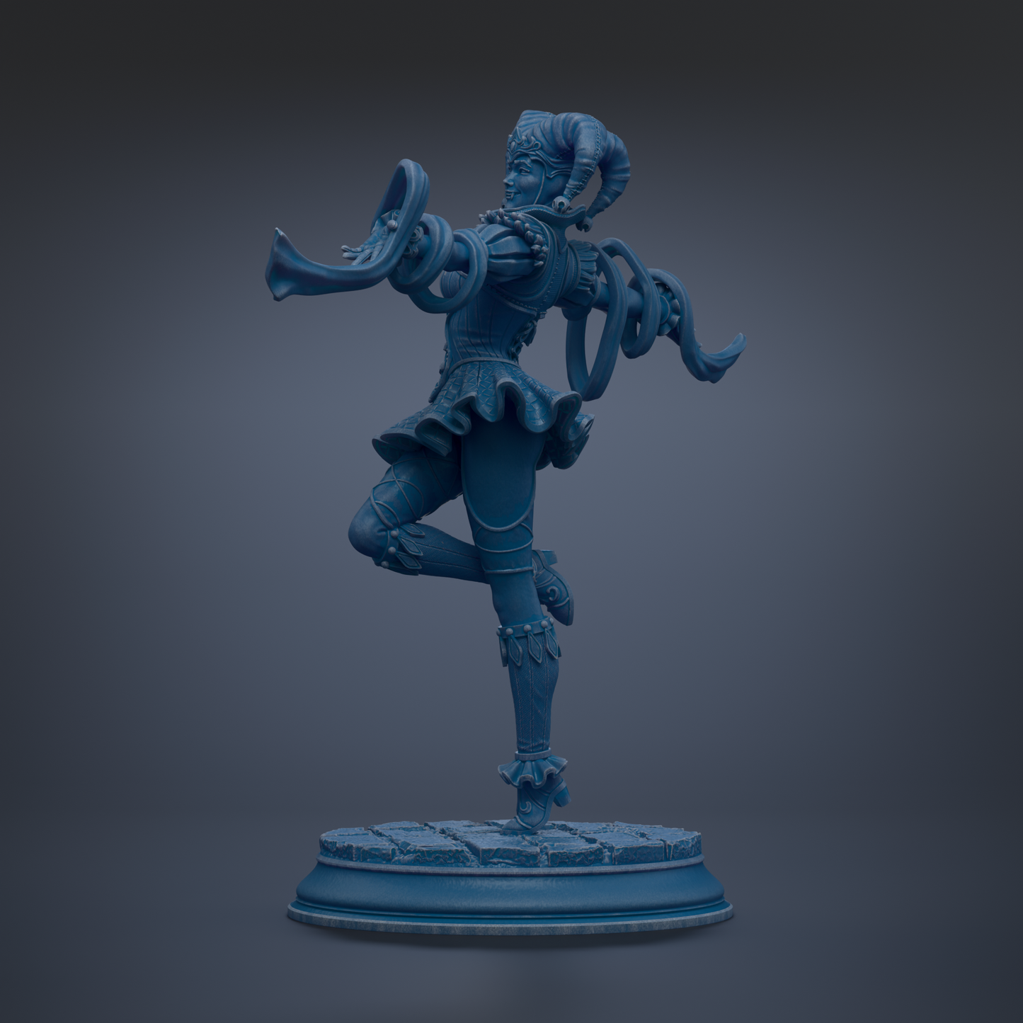 A blue statue of a dancing figure with horns and a flowing skirt, standing on a pedestal.