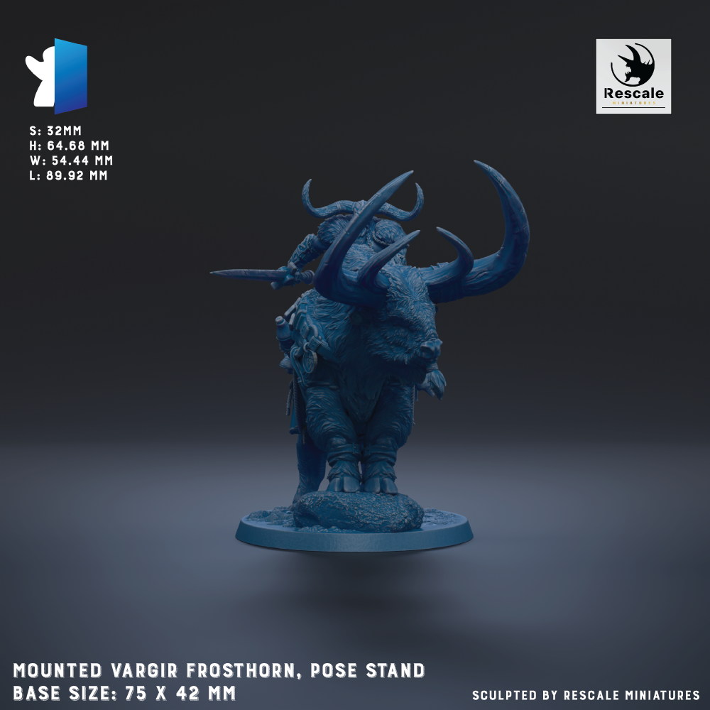 The image is a 3D rendering of a mounted Vargir Frosthorn pose stand, with the base size being 7.5 x 42 mm.