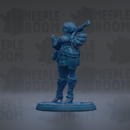A blue figurine of a female character with a sword and shield, standing on a base.