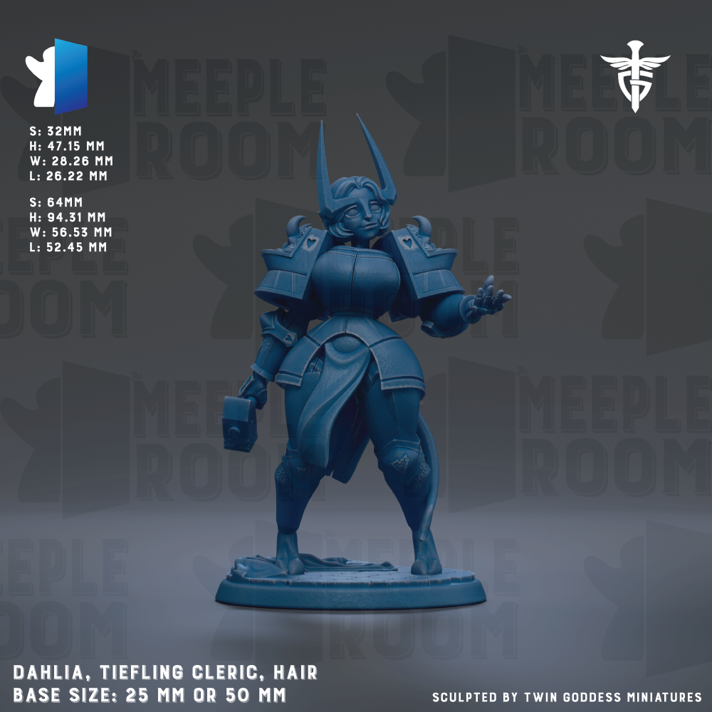 a blue warrior figurine with a tiefling design, standing on a base size of 25mm or 50mm.