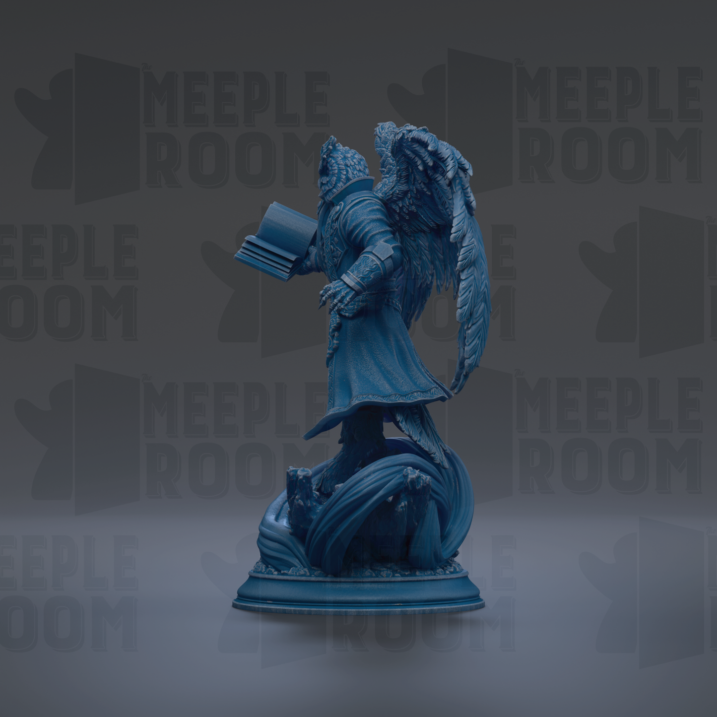 A blue statue of a winged figure holding a book, standing on a pedestal against a dark background with repeated "MEUPLE ROOM" text.