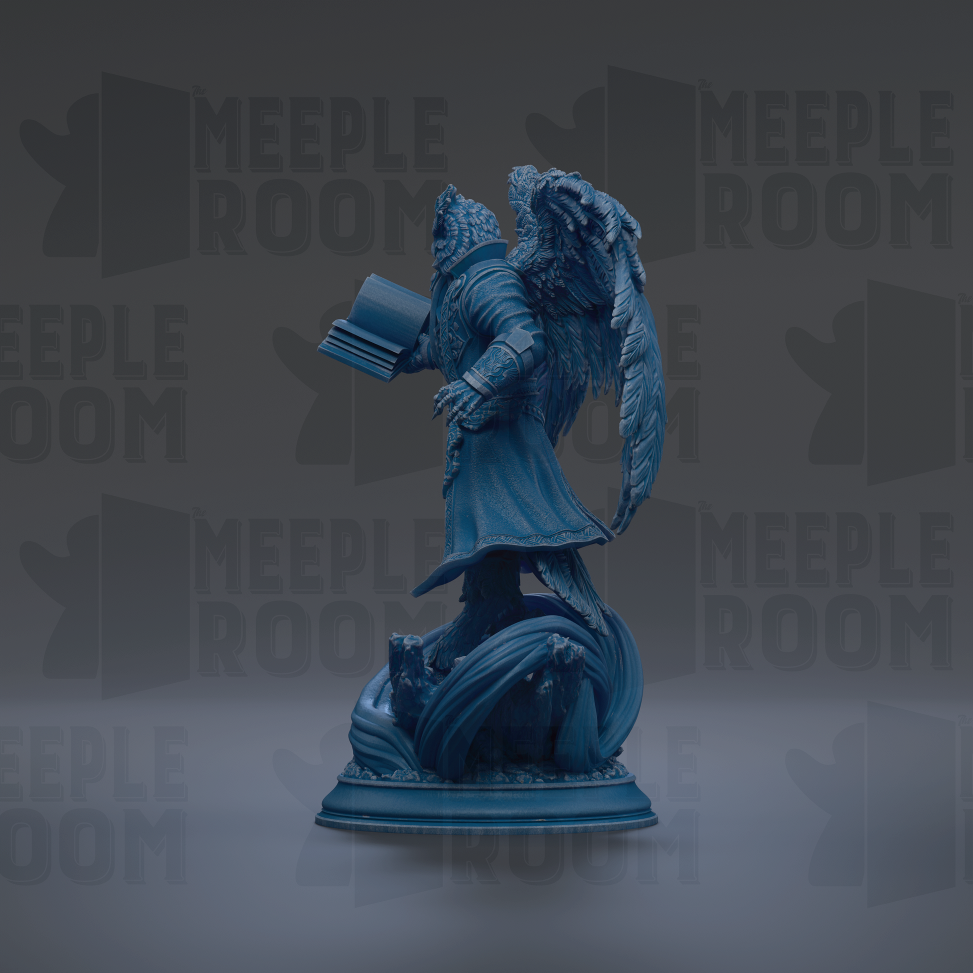 A blue statue of a winged figure holding a book, standing on a pedestal against a dark background with repeated "MEUPLE ROOM" text.
