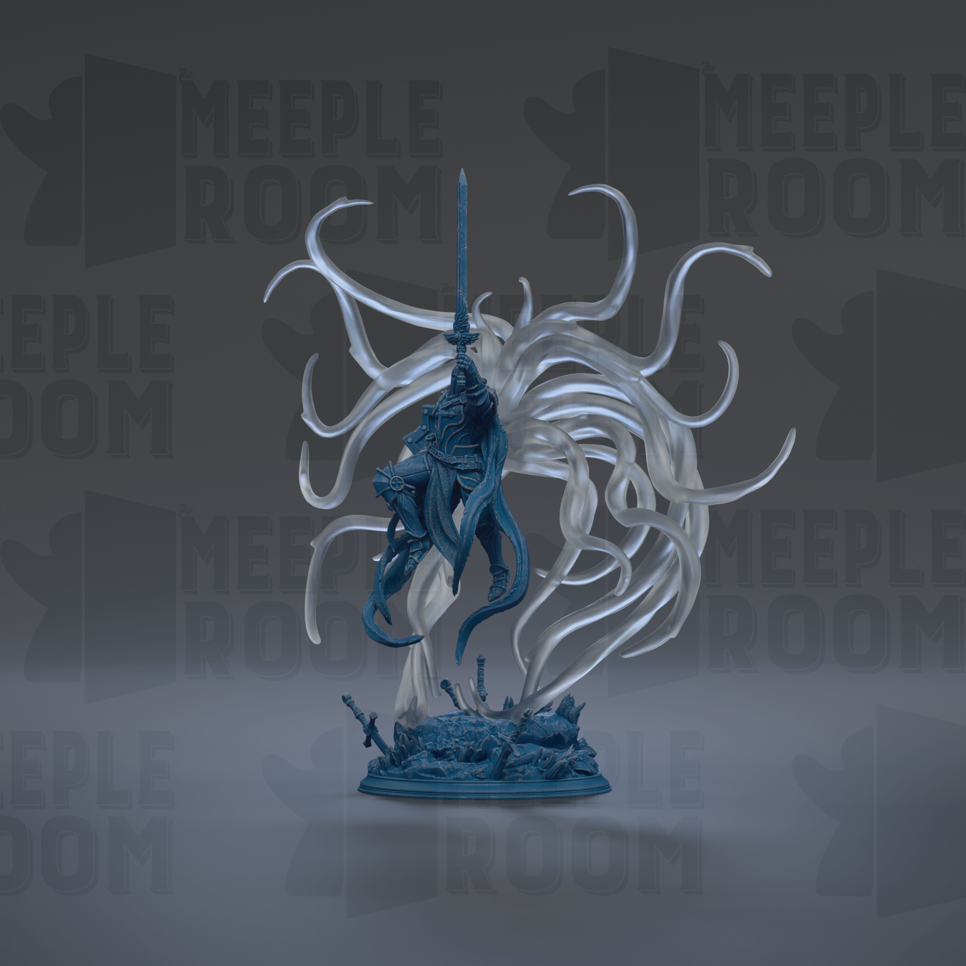 A blue figurine of a knight holding a sword stands on a base, surrounded by a large, abstract design resembling tentacles or a dragon.
