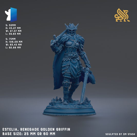 a figurine of a female character, specifically the Renegade Golden Griffin, standing on a base. The figurine is described as a 25mm or 60mm base size, and it is made of a material that resembles metal. The figurine is shown in a dynamic pose, holding a sword and a shield. The image does not contain any text or additional objects, and it is a single, focused image of the Renegade Golden Griffin figurine.