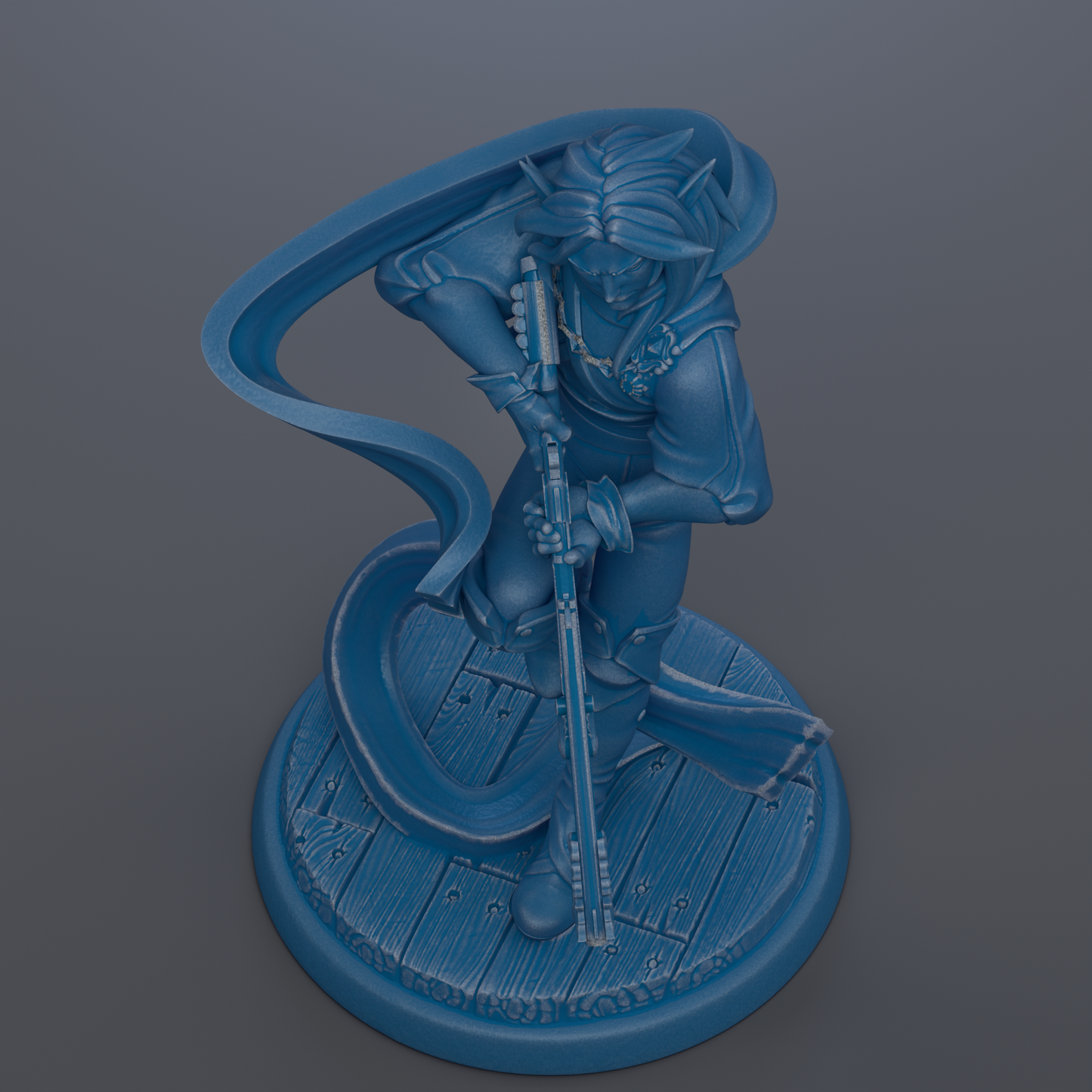 A blue figurine of a person holding a sword and shield, standing on a wooden base.