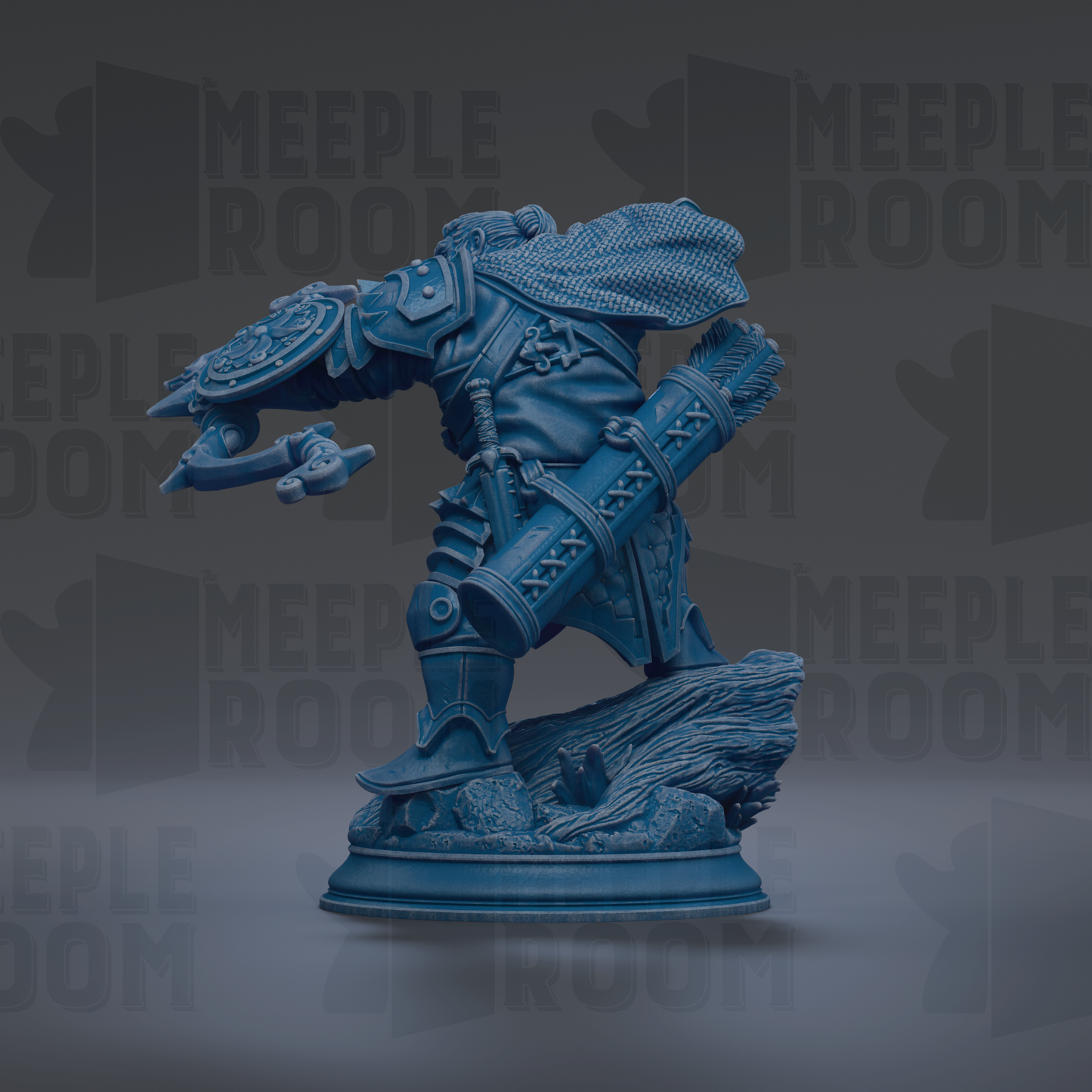 A blue figurine of a warrior standing on a rock, holding a shield and sword, against a dark background with repeated text.