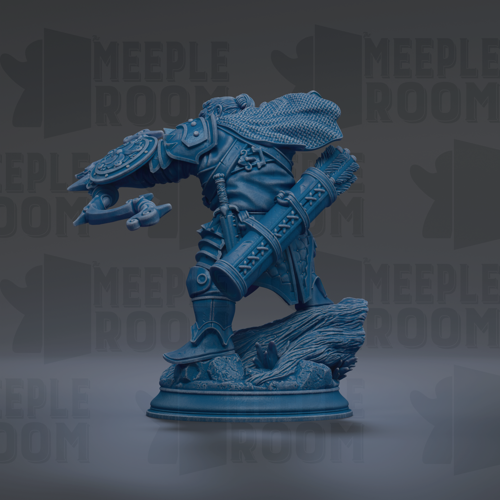 A blue figurine of a warrior standing on a rock, holding a shield and sword, against a dark background with repeated text.