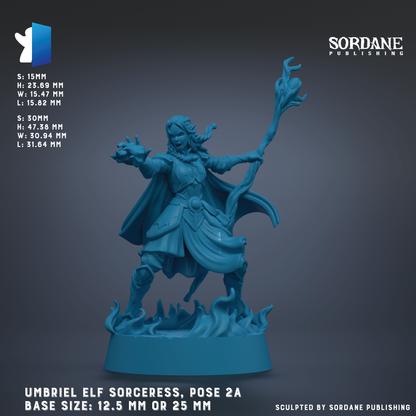 The image is a 3D rendering of an umbrella elf witch, specifically the Umbriel Elf Sorcereress, posed in a dynamic stance with a staff in hand. The base size of the figure is 12.5 mm or 25 mm, depending on the perspective. The image is published by Sordane Publishing.