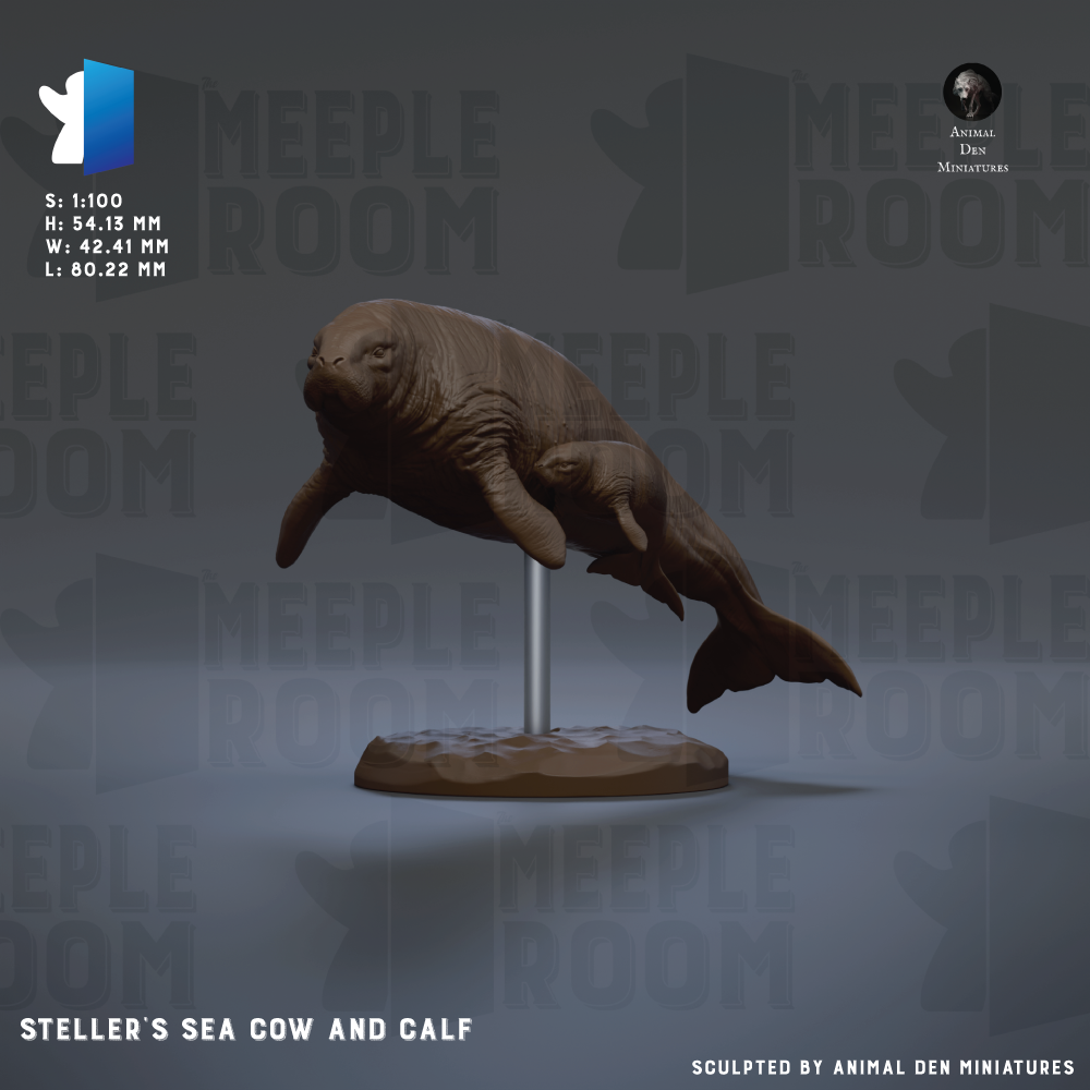 The image is a 3D rendering of a sea cow and calf sculpture, displayed on a stand.