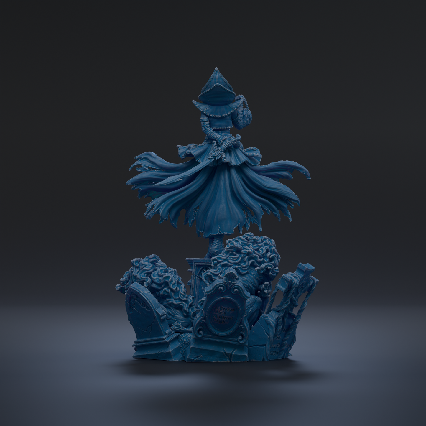 A dark blue, fantastical statue of a figure with flowing robes and a pointed hat stands on a pedestal against a dark background.