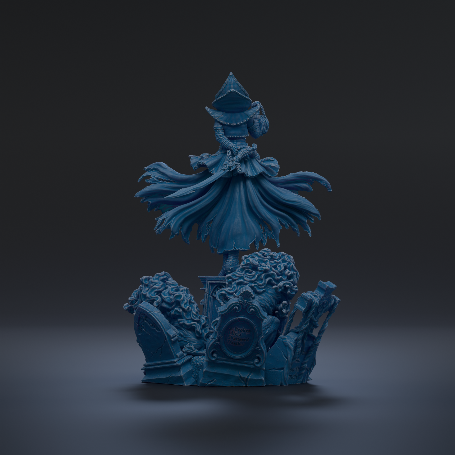 A dark blue, fantastical statue of a figure with flowing robes and a pointed hat stands on a pedestal against a dark background.