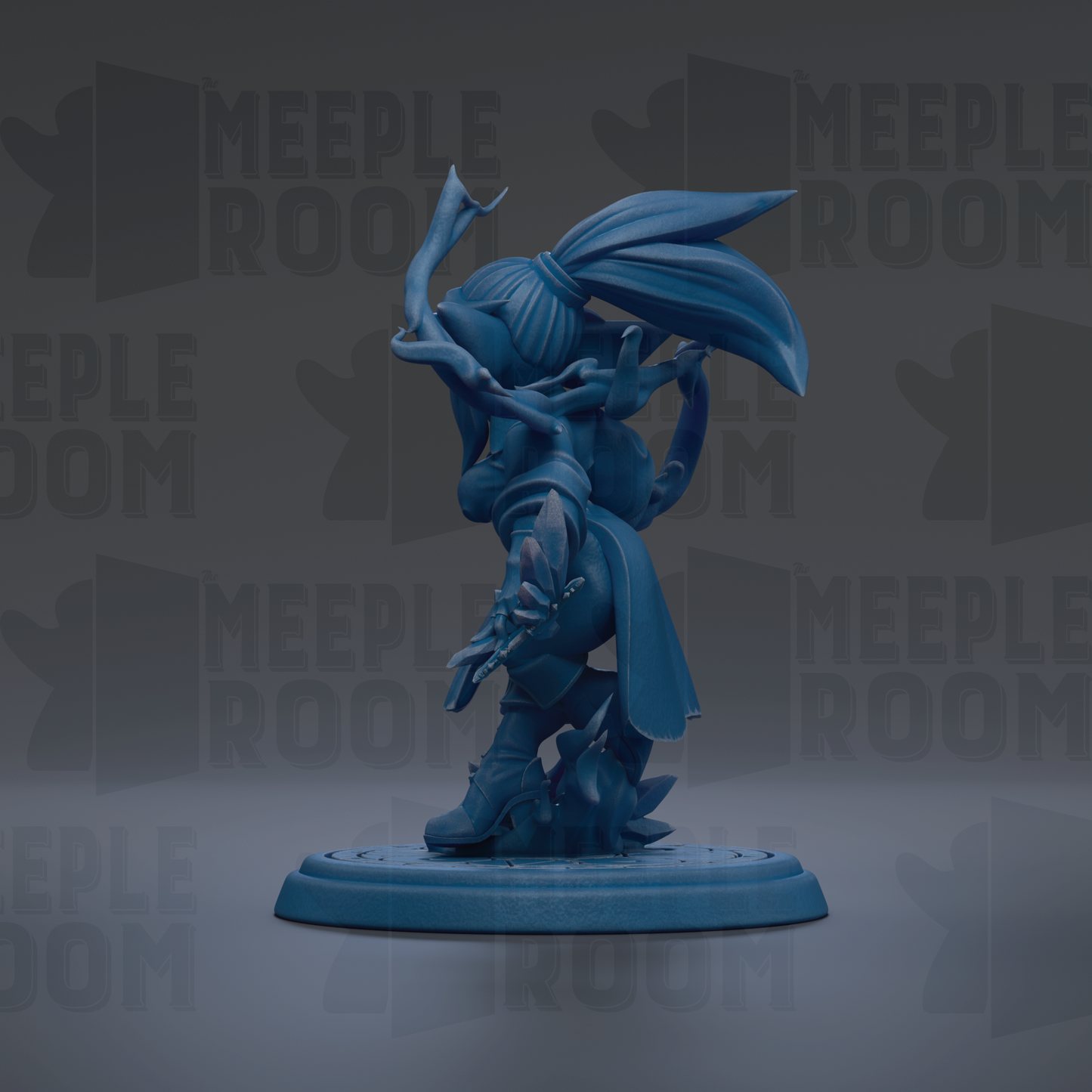 A blue figurine of a character with a large head and long hair, standing on a platform.