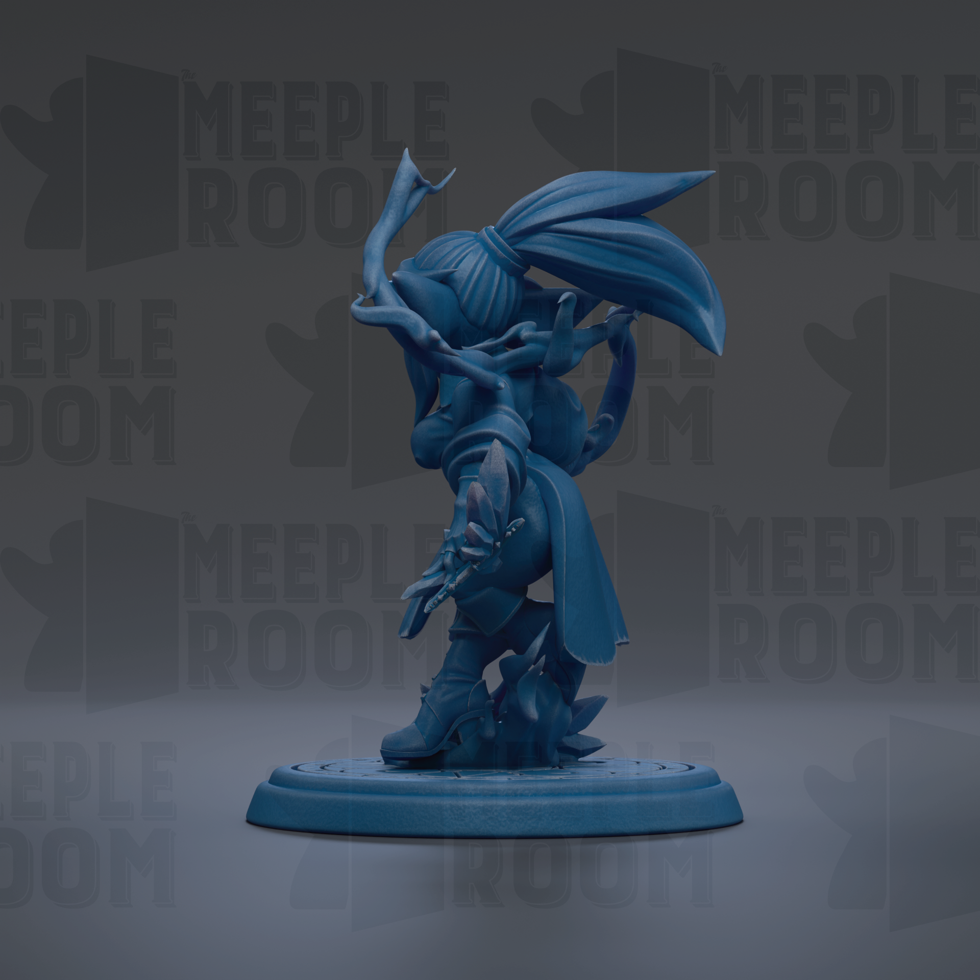 A blue figurine of a character with a large head and long hair, standing on a platform.