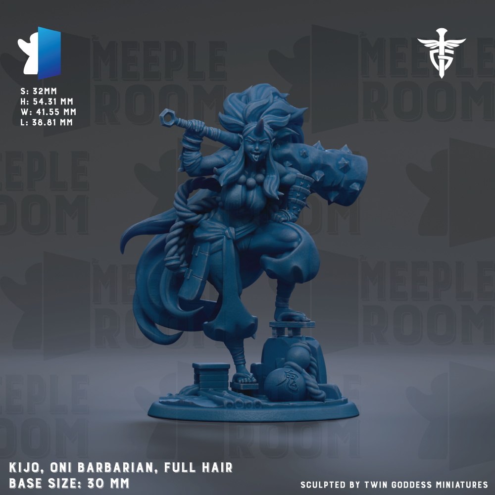 The image is a 3D model of a female character, specifically a barbarian with full hair, displayed in a blue color. The character is standing on a base and holding a weapon. The image is described as a "meadow" and is part of a "MEPLE ROOM" series. The base size of the model is 30mm.