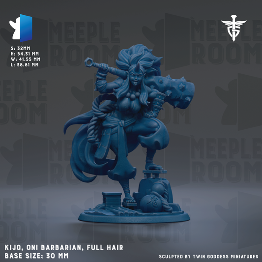 The image is a 3D model of a female character, specifically a barbarian with full hair, displayed in a blue color. The character is standing on a base and holding a weapon. The image is described as a "meadow" and is part of a "MEPLE ROOM" series. The base size of the model is 30mm.