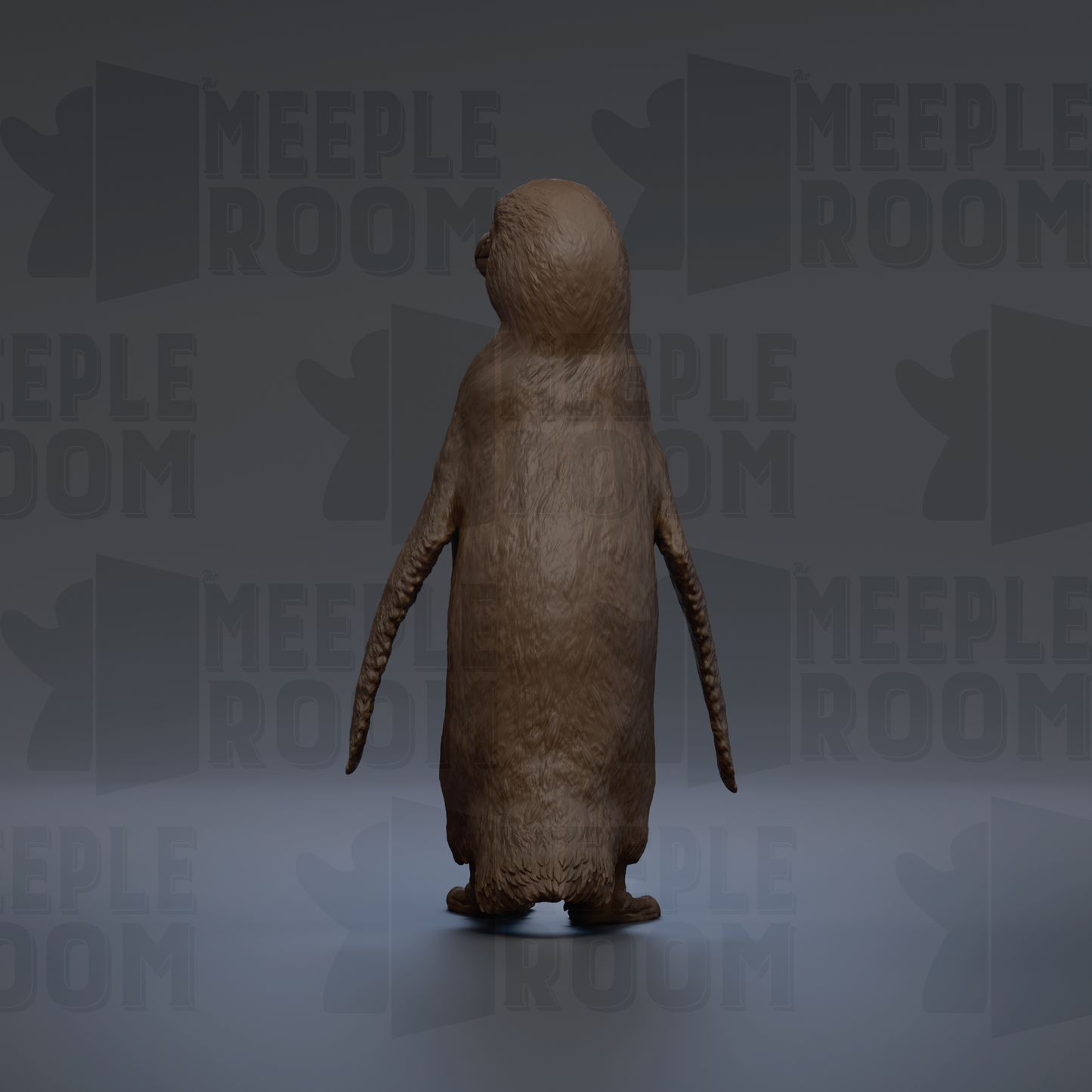 A 3D rendering of a penguin standing on one leg against a dark background with repeated text.