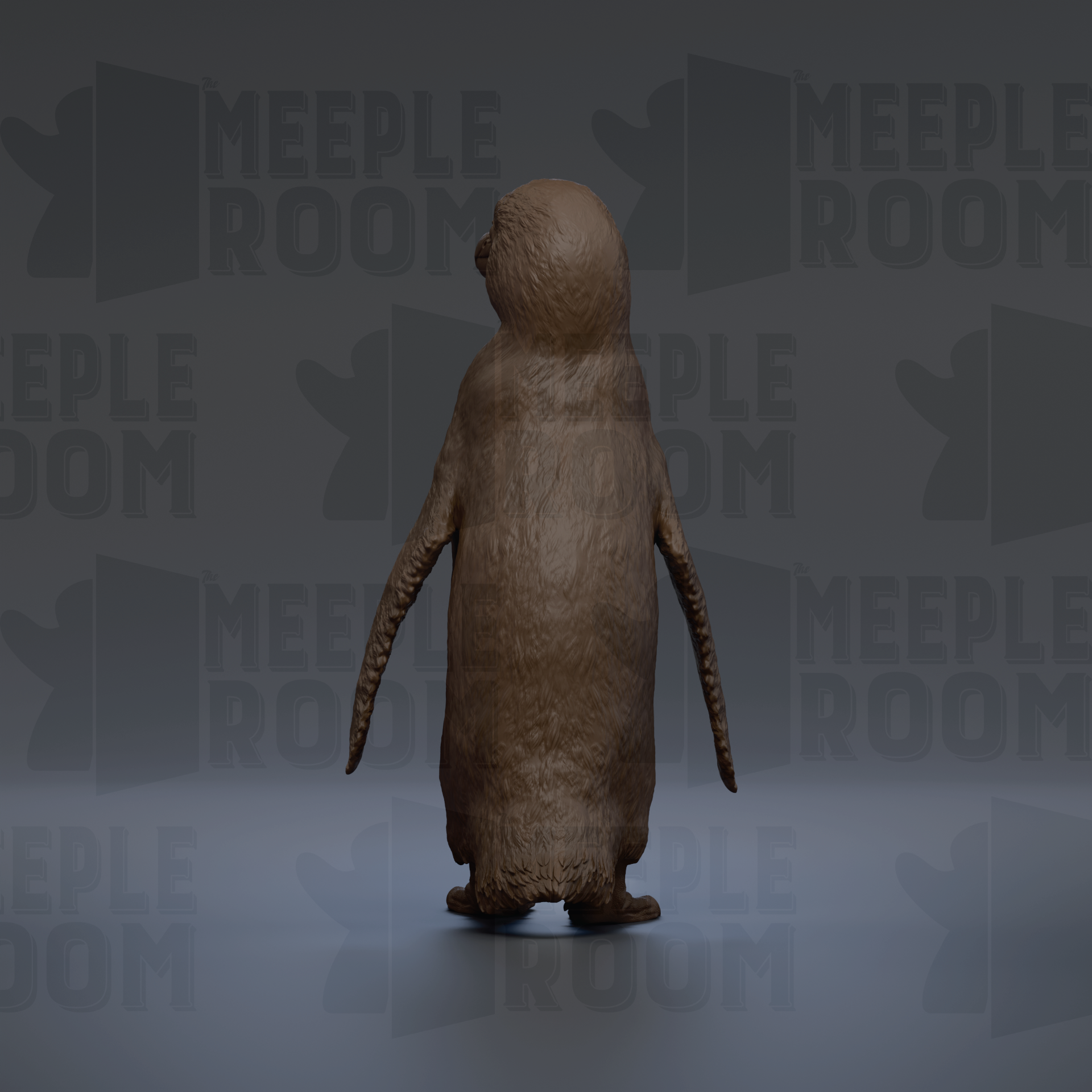 A 3D rendering of a penguin standing on one leg against a dark background with repeated text.
