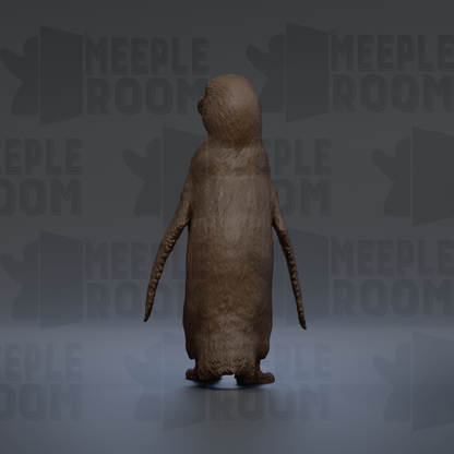 A 3D rendering of a penguin standing on one leg against a dark background with repeated text.