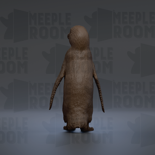 A 3D rendering of a penguin standing on one leg against a dark background with repeated text.