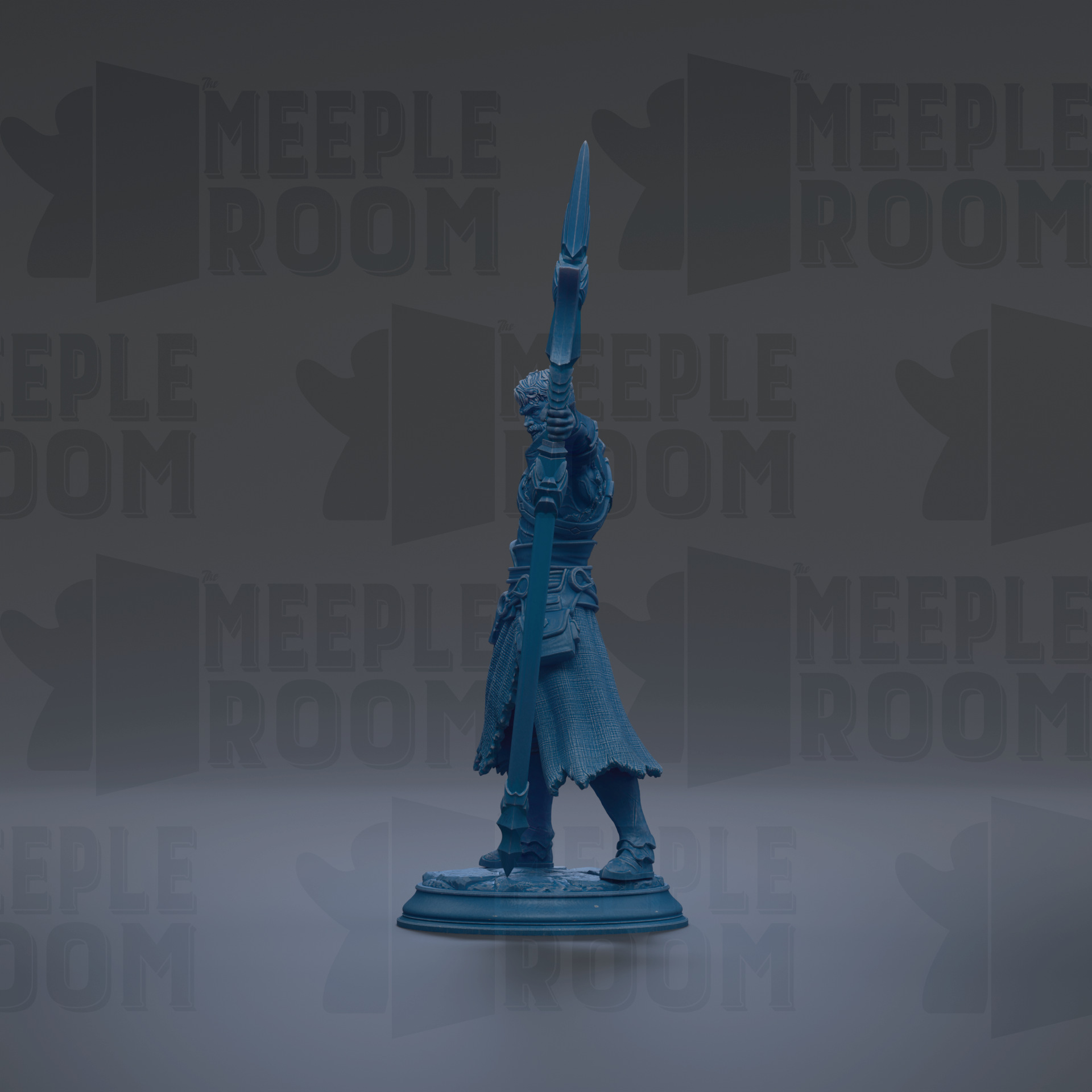 A blue figurine of a person holding a spear stands against a dark background with repeated text.