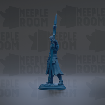 A blue figurine of a person holding a spear stands against a dark background with repeated text.