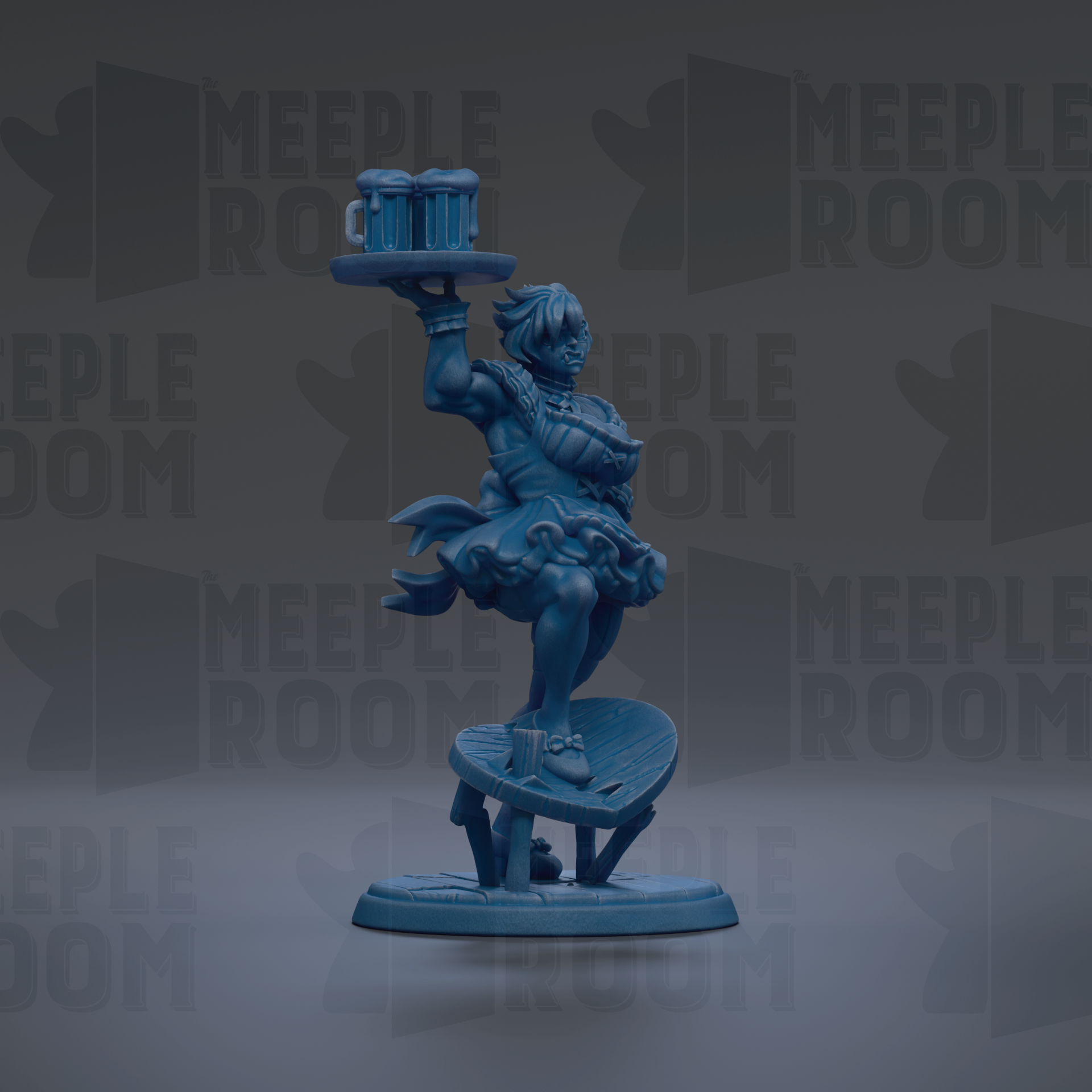 A blue figurine of a woman holding a tray with two mugs on it, standing on a platform.