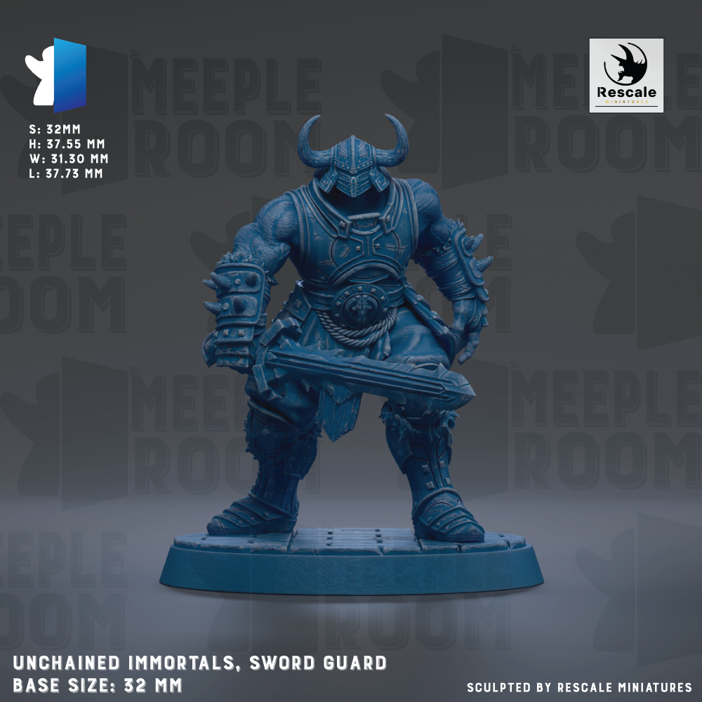 a blue armored warrior figure holding a sword, standing on a base. The figure is described as "Unchained Immortals, Sword Guard" and is shown in a 3:22mm scale. The background is a dark gray color with the words "MEIPLLE ROOM" repeated multiple times.