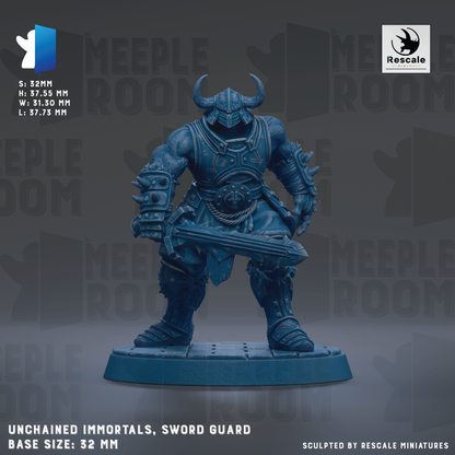 a blue armored warrior figure holding a sword, standing on a base. The figure is described as "Unchained Immortals, Sword Guard" and is shown in a 3:22mm scale. The background is a dark gray color with the words "MEIPLLE ROOM" repeated multiple times.