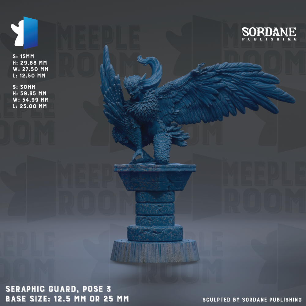 a blue statue of a winged creature, possibly a dragon or mythical being, perched on a pedestal. The statue is described as a "SERAPHIC GUARD, POSE 3" and is shown in various sizes, ranging from 5.15mm to 25mm. The background of the image is a dark gray color, which contrasts with the statue and makes it stand out. The image is a collage of multiple images, and the caption provided does not include any redundancy or vague wording.