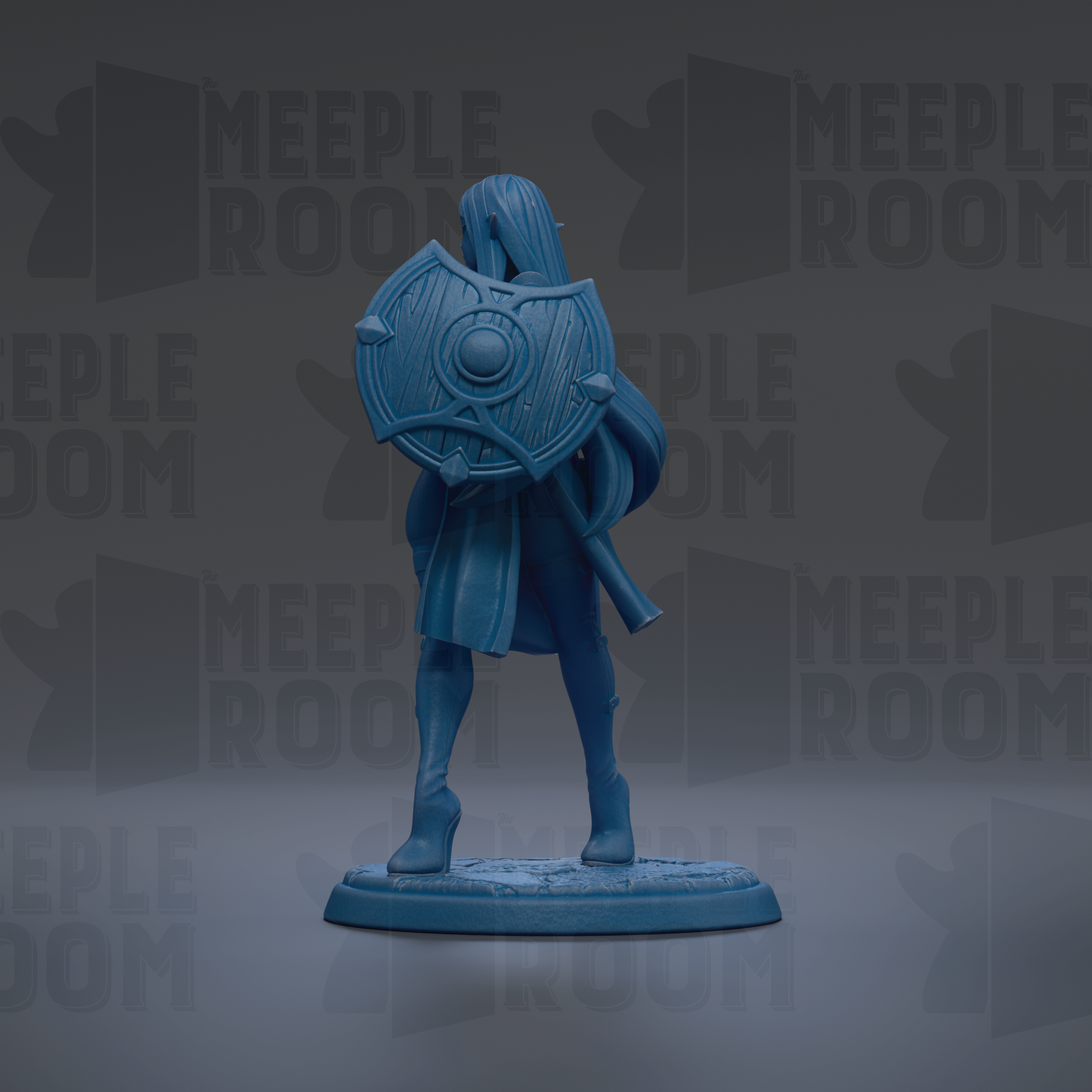 A blue figurine of a person holding a shield stands against a dark background with repeated text.