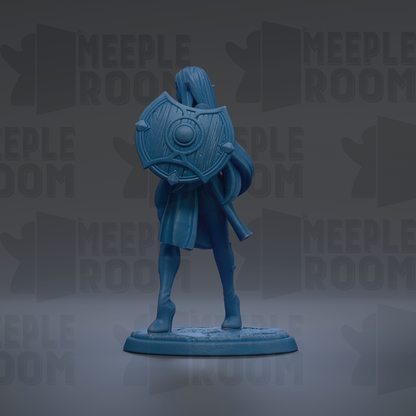 A blue figurine of a person holding a shield stands against a dark background with repeated text.