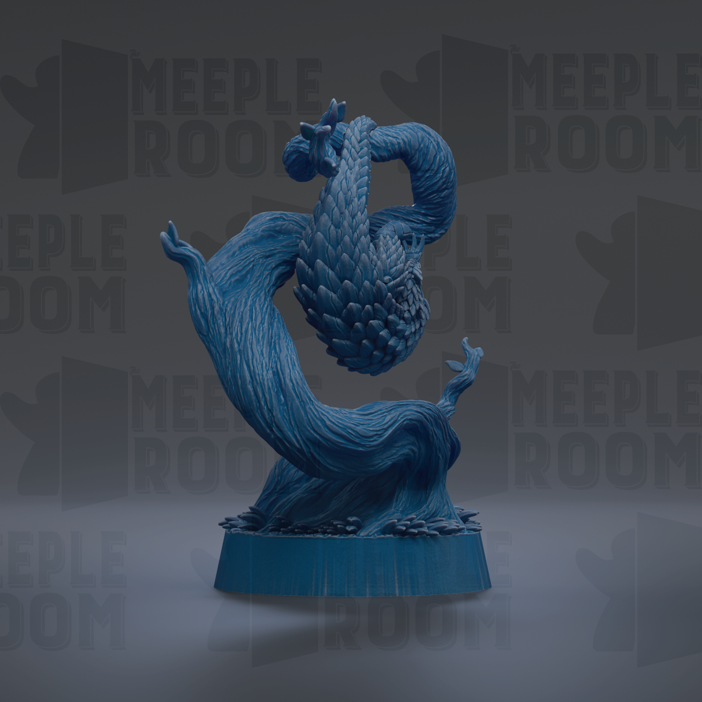 A blue, abstract sculpture resembling a snake or snake-like creature with flowing, textured patterns.