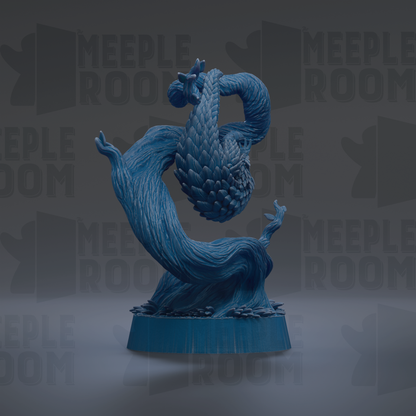 A blue, abstract sculpture resembling a snake or snake-like creature with flowing, textured patterns.