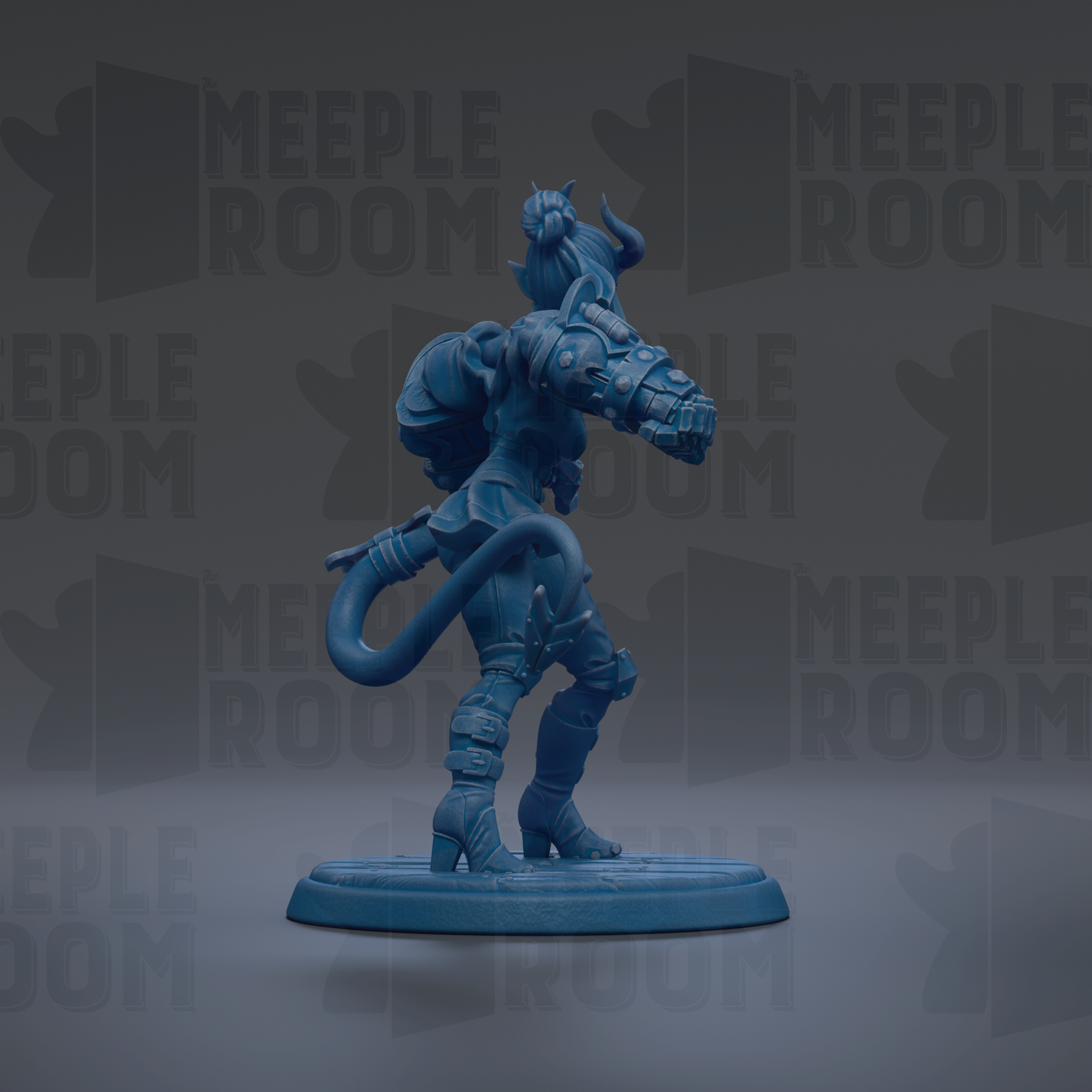 A blue figurine of a character with horns and a tail, standing on a blue base against a dark background with repeated text.