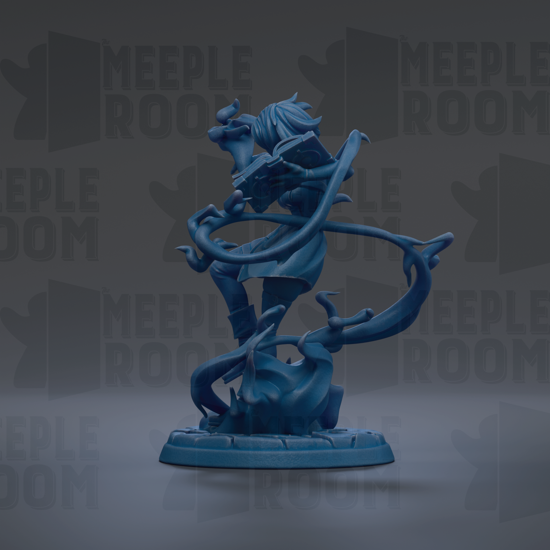A blue figurine of a person with a long, flowing hair and a flowing cape, standing on a base and holding a weapon.