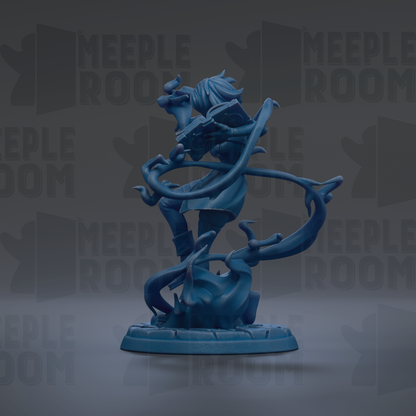 A blue figurine of a person with a long, flowing hair and a flowing cape, standing on a base and holding a weapon.